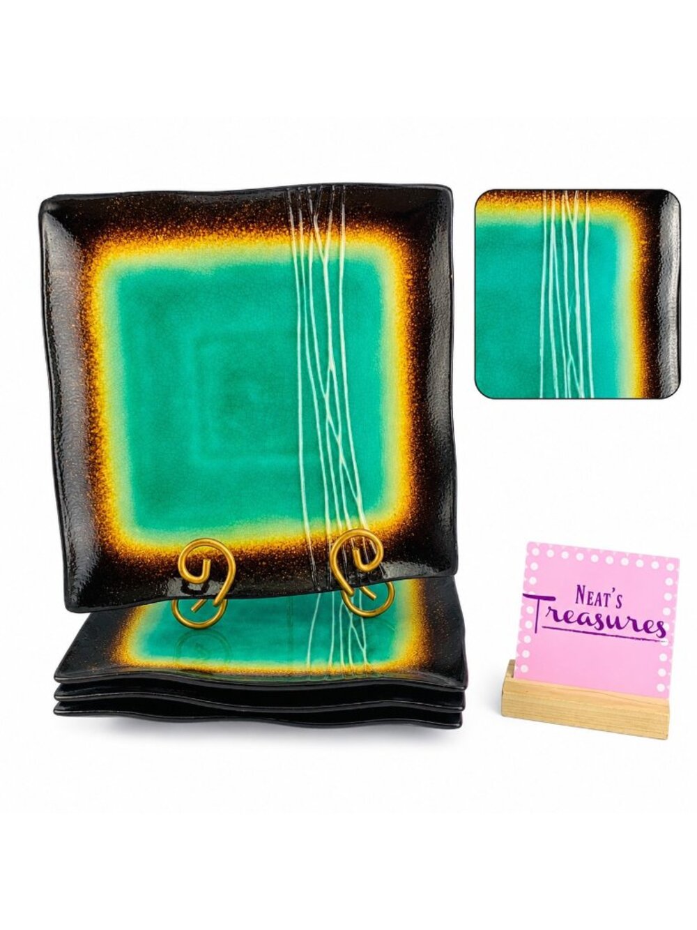 Baum Brothers GALAXY JADE Square Brown Trim Green Wavy Line Dinner Plates Set 4